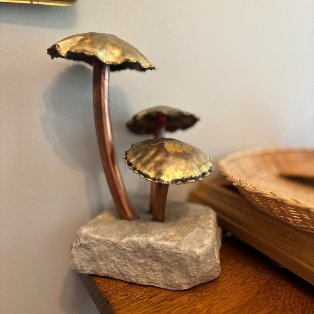 Vintage Brutalist Copper and Brass Mushroom Sculpture on Stone Base Decor Art